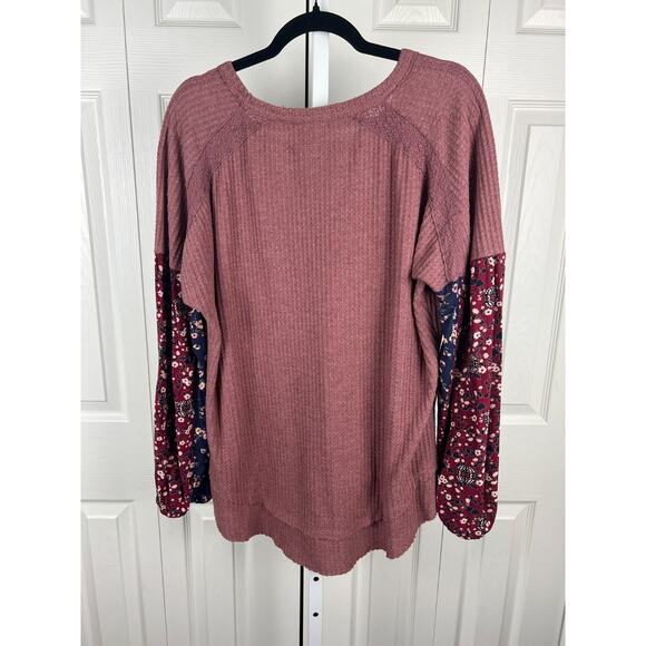 Know Rose Pink Raglan Waffle Knit Boho Top Mixed Print Floral Hippie XXL - Picture 8 of 9